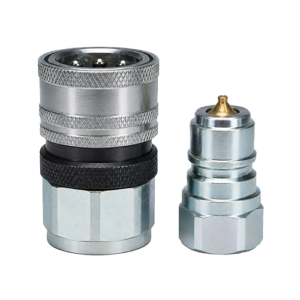 Two metal hydraulic quick-connect couplers, a larger female-style fitting with knurled grip and a smaller male plug, shown on a white background.