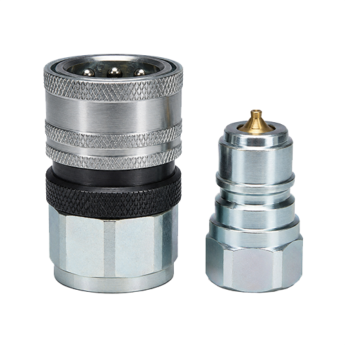 Two metal hydraulic quick-connect couplers, a larger female-style fitting with knurled grip and a smaller male plug, shown on a white background.