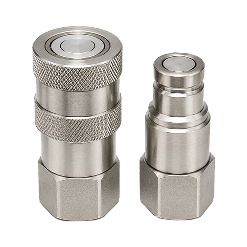 Two silver pneumatic quick-connect fittings (male and female) with knurled grips and hex bases on white background.