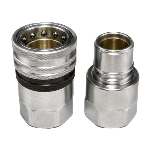 Kee-600-Series-Main Pair of silver metal quick-connect hose fittings, shown side by side (one with knurled grip and seal).