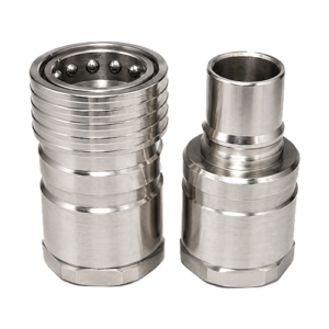 Two-piece stainless steel industrial hose connector/coupling (male and female halves) with a ball-detent locking end on the left piece.
