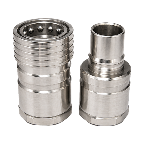 Two-piece stainless steel industrial hose connector/coupling (male and female halves) with a ball-detent locking end on the left piece.