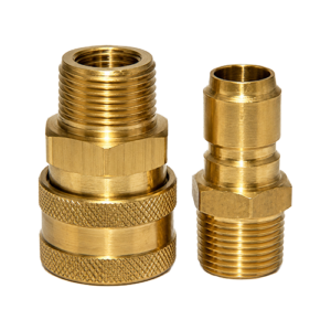 Two brass pipe fittings: a larger threaded union on the left and a smaller threaded adapter on the right against a black background.