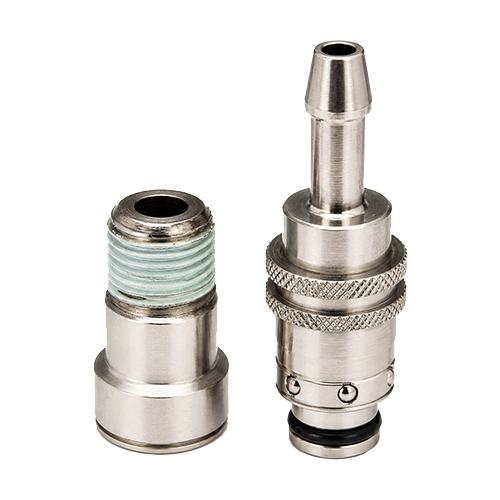 Kee-749-Series-Main Two metal hose adapters/fittings side by side: a threaded female coupling with a teal gasket on the left and a knurled, push-fit male connector with an O-ring on the right.