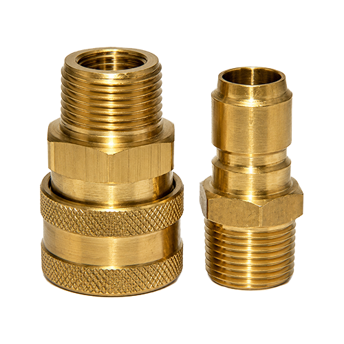 Two brass threaded hose fittings, one larger with knurled grip, shown side by side on a black background.