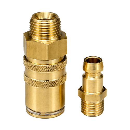 Kee-792-Series-Main Two brass quick-connect fittings (adaptors) in different sizes, featuring knurled grips for hydraulic/pneumatic connections.