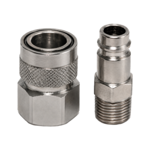 Metal quick-connect hose fitting set: knurled female coupling (left) and male threaded connector (right).