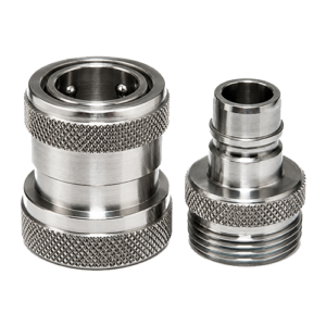 Two knurled silver metal adapters (one large, one small) for connecting hoses or cables in industrial equipment; stainless steel with ridged grips and threading.
