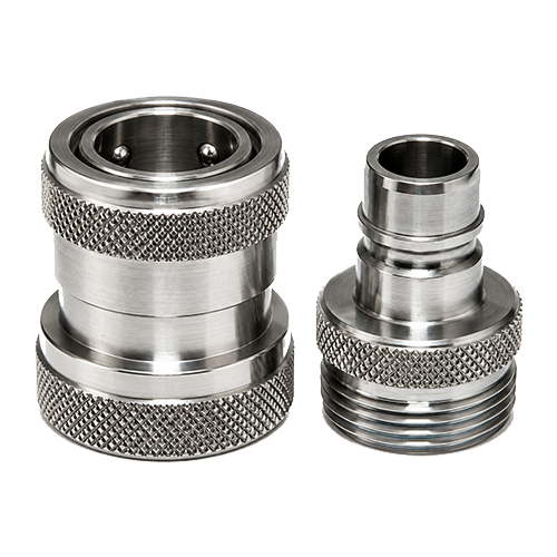 Kee-900-Series-Main Two polished stainless steel quick-connect hose couplings with knurled grips, one large and one small.