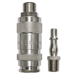 Metal quick-connect coupling with knurled grip and threaded ends, shown with a mating plug for pneumatic or hydraulic lines, on a black background
