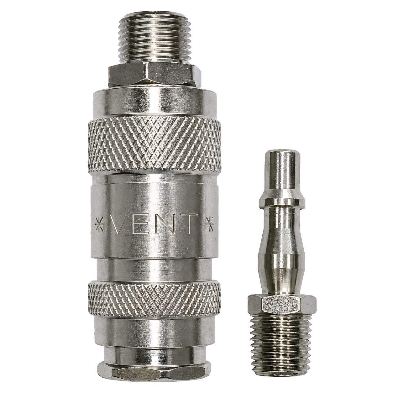 Metal quick-connect coupling with knurled grip and threaded ends, shown with a mating plug for pneumatic or hydraulic lines, on a black background