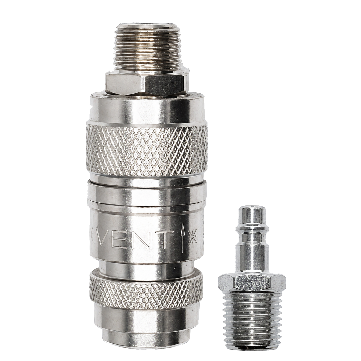 Chrome pneumatic quick-connect coupling with knurled grip and matching plug for air hoses (two-piece connector).