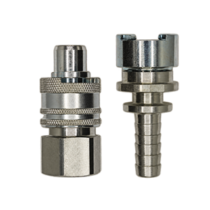 Two metallic hose fittings with knurled grips shown side by side, likely quick-connect connectors.