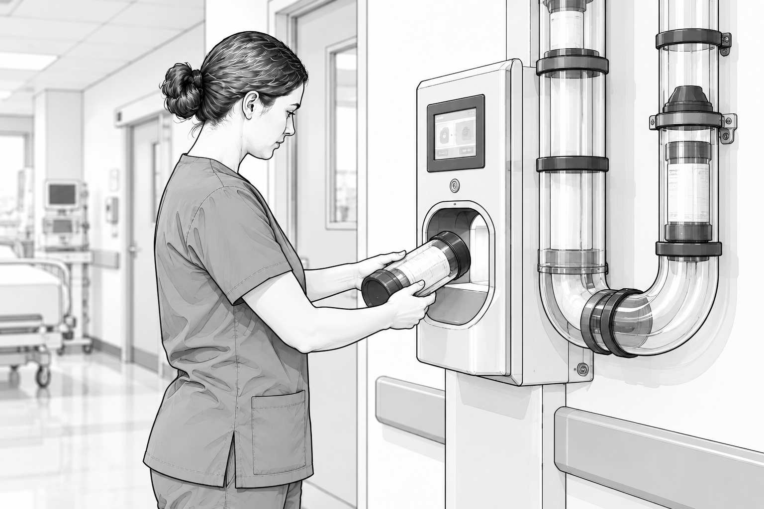 Healthcare worker inserts a sample container into a medical sterilization unit in a hospital hallway.