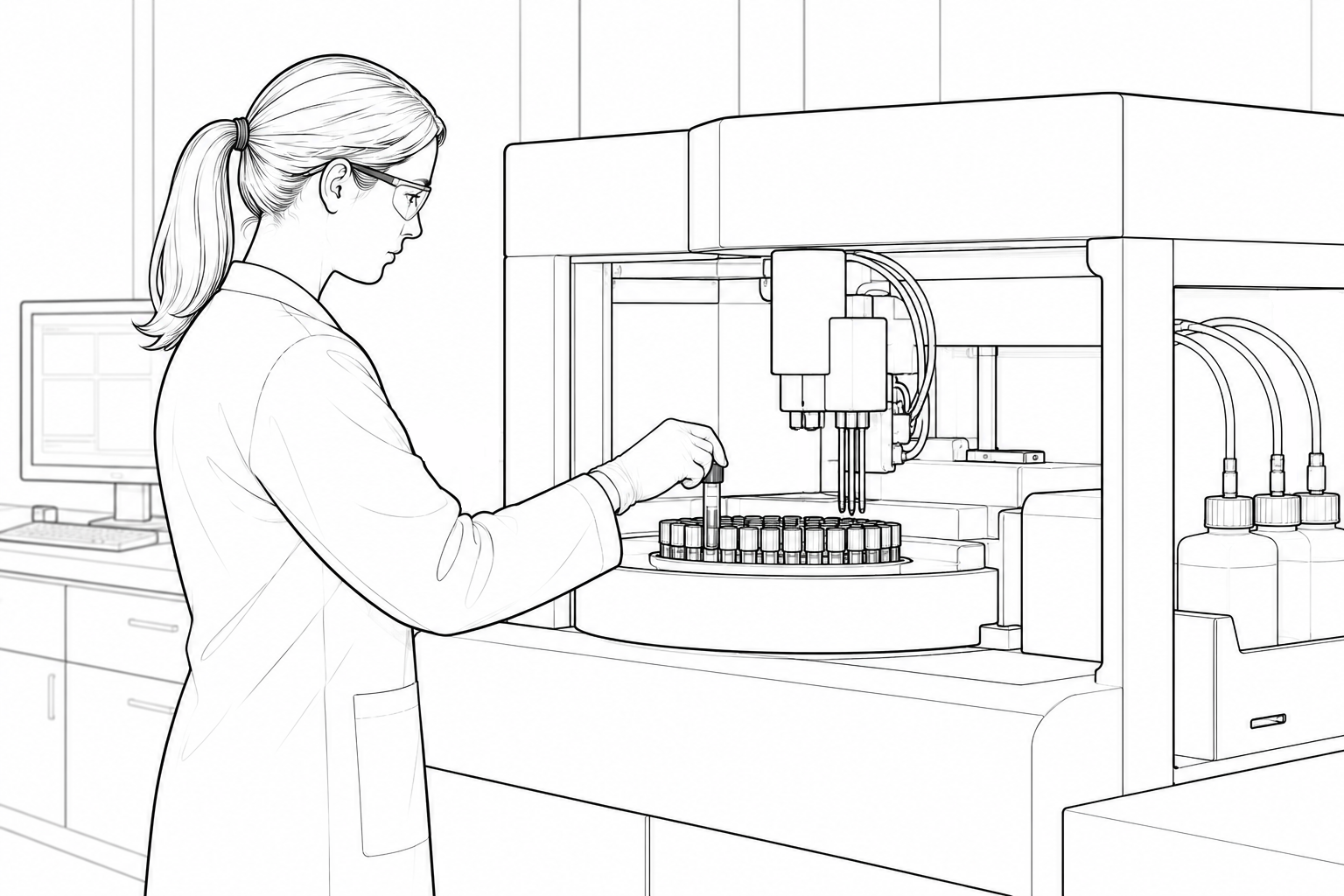 Scientist in a lab coat loading sample vials into a circular rack beside an automated pipetting machine.