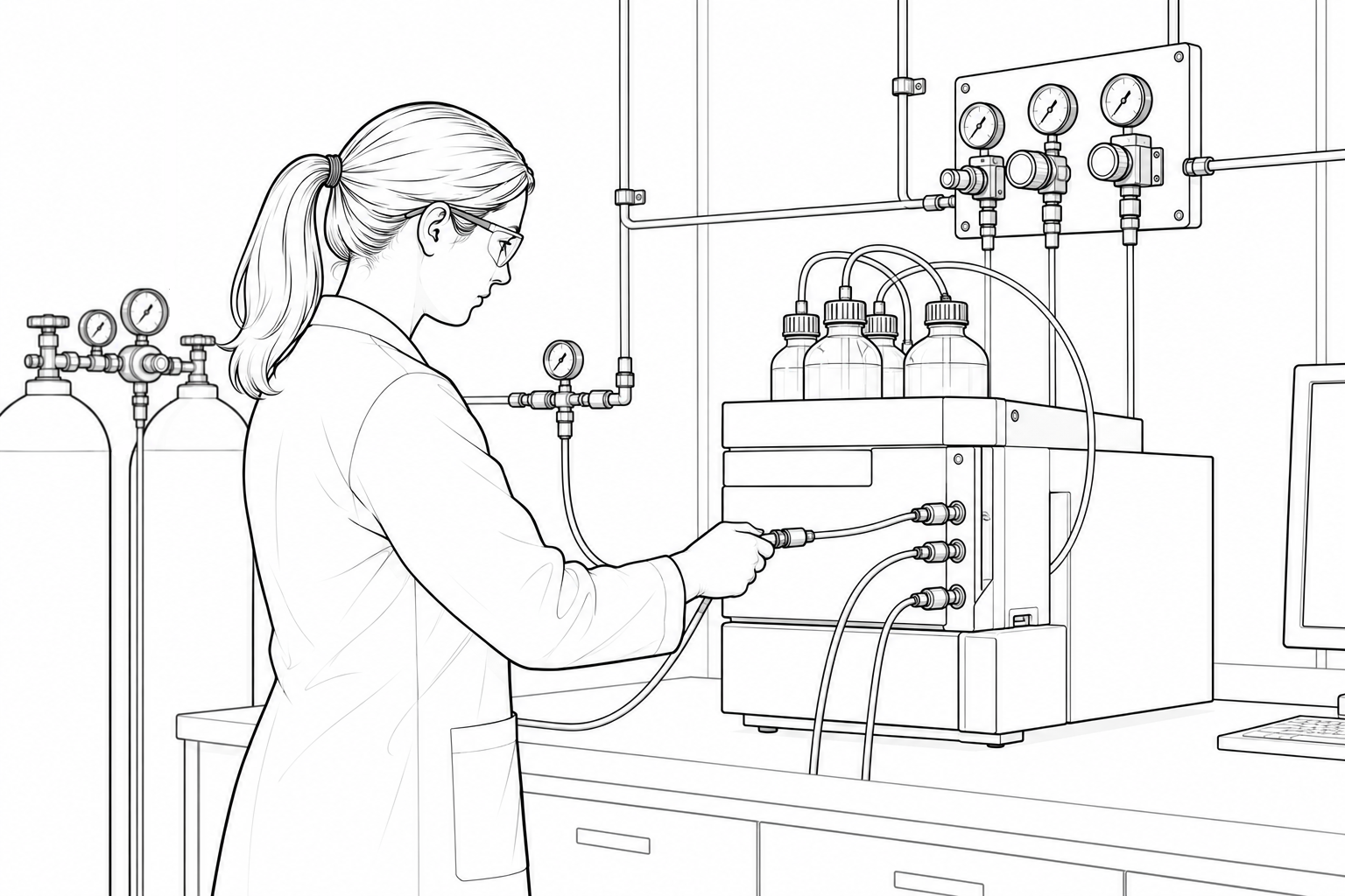 Lab technician in a lab coat and safety glasses attaching hoses to a benchtop instrument.