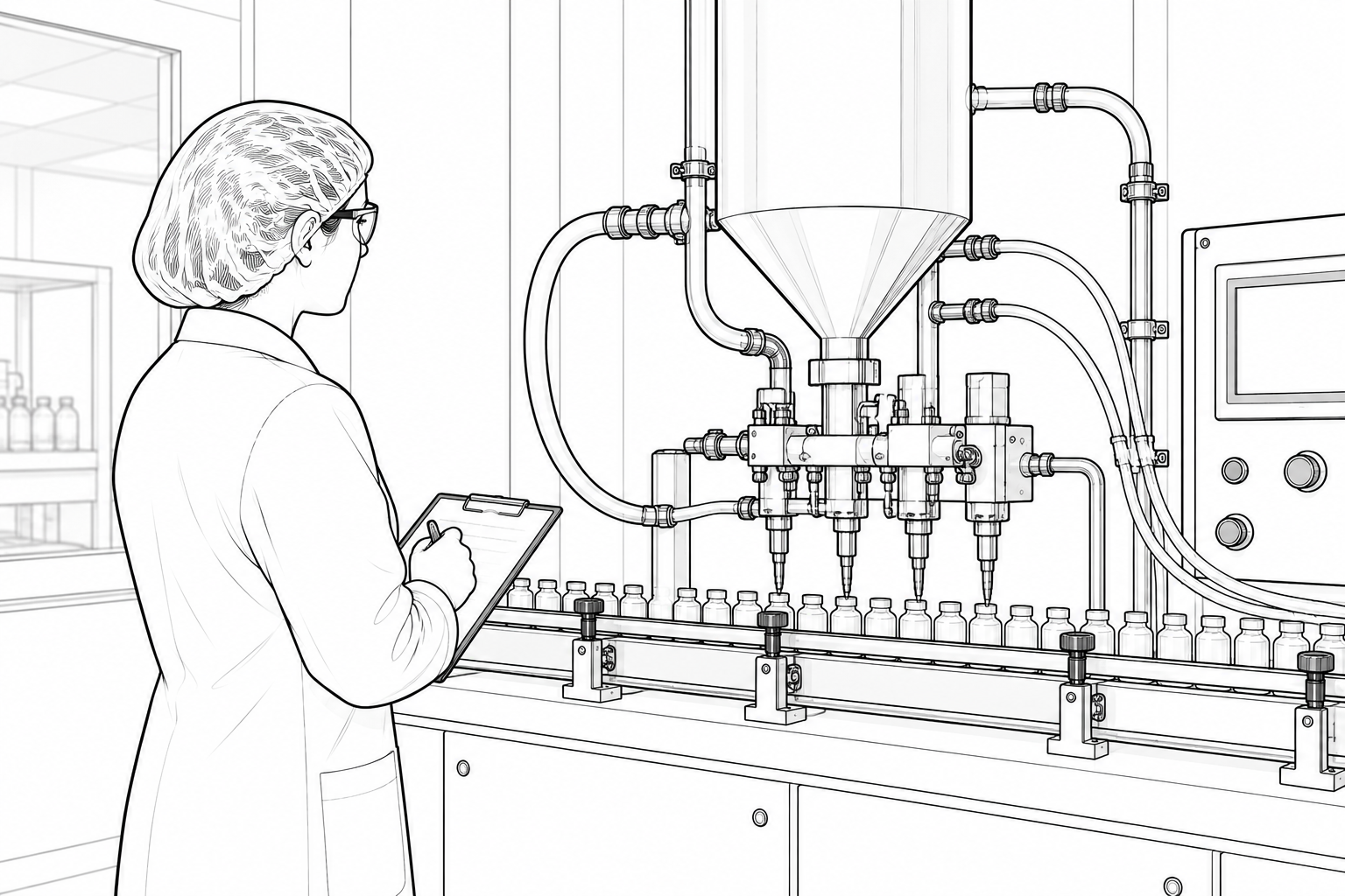 Lab technician in a hairnet and coat watches an automated bottling line with small bottles on a conveyor.